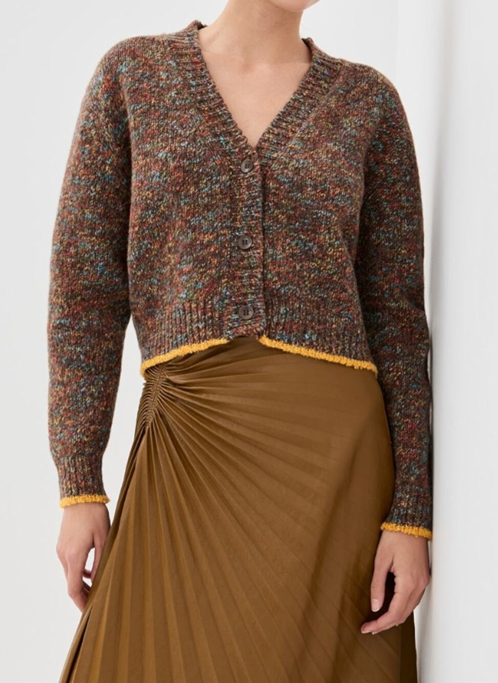 The Elder Statesman S brown confetti yellow trim cardigan sweater